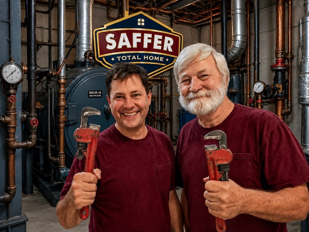 Two Saffer Total Home plumbers holding pipe wrenches in a Baltimore boiler room