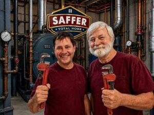 Two Saffer Total Home plumbers holding pipe wrenches in a Baltimore boiler room